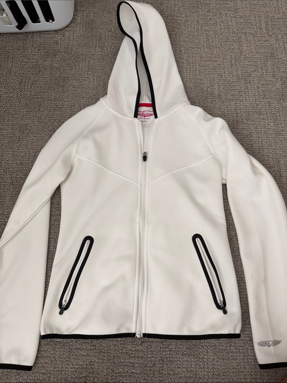 White Hooded Zip Bomber Jacket with Black Trim
